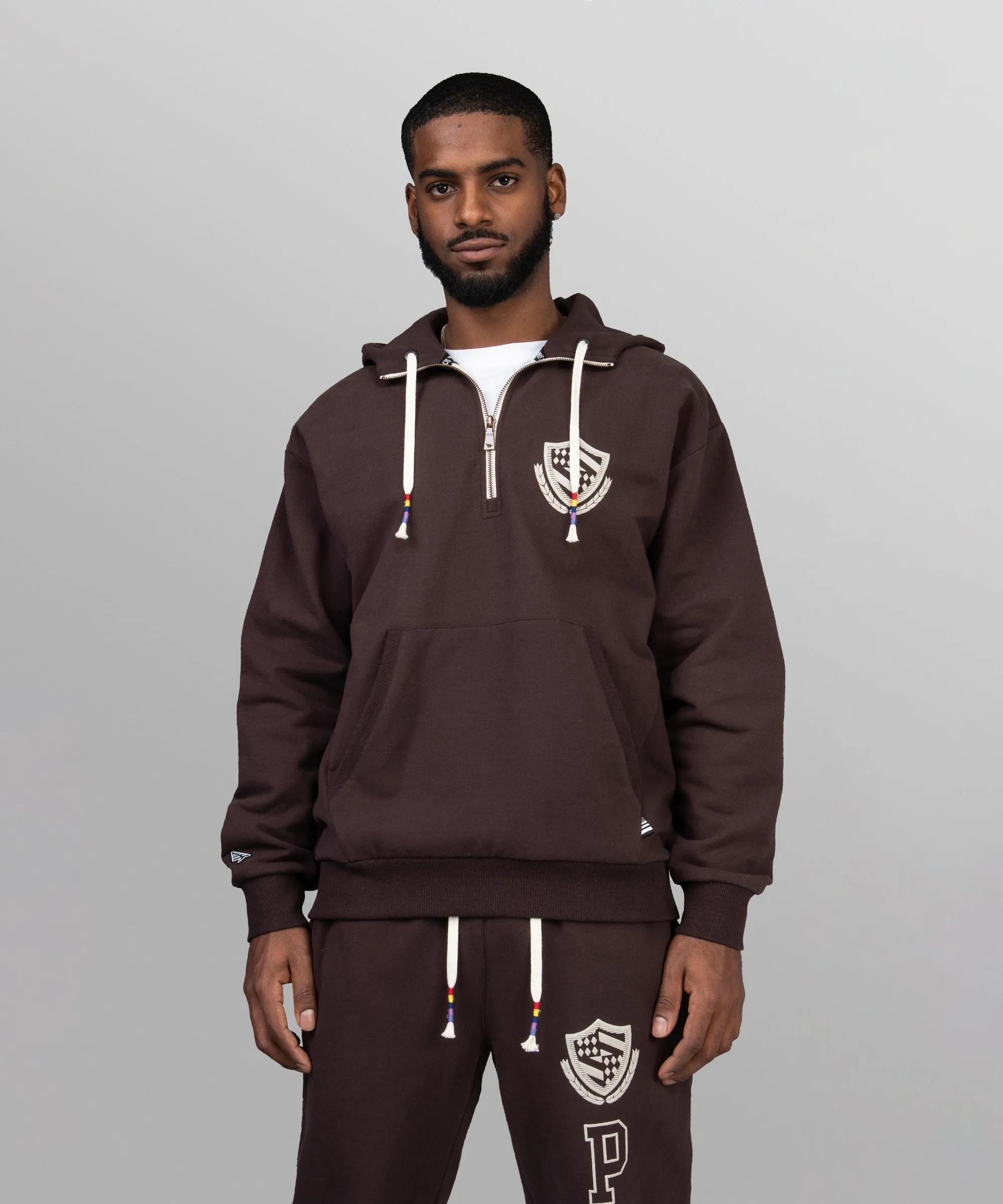 Paper Plane - Collegiate Spectrum Half Zip Drop Shoulder Hoodie - Brown