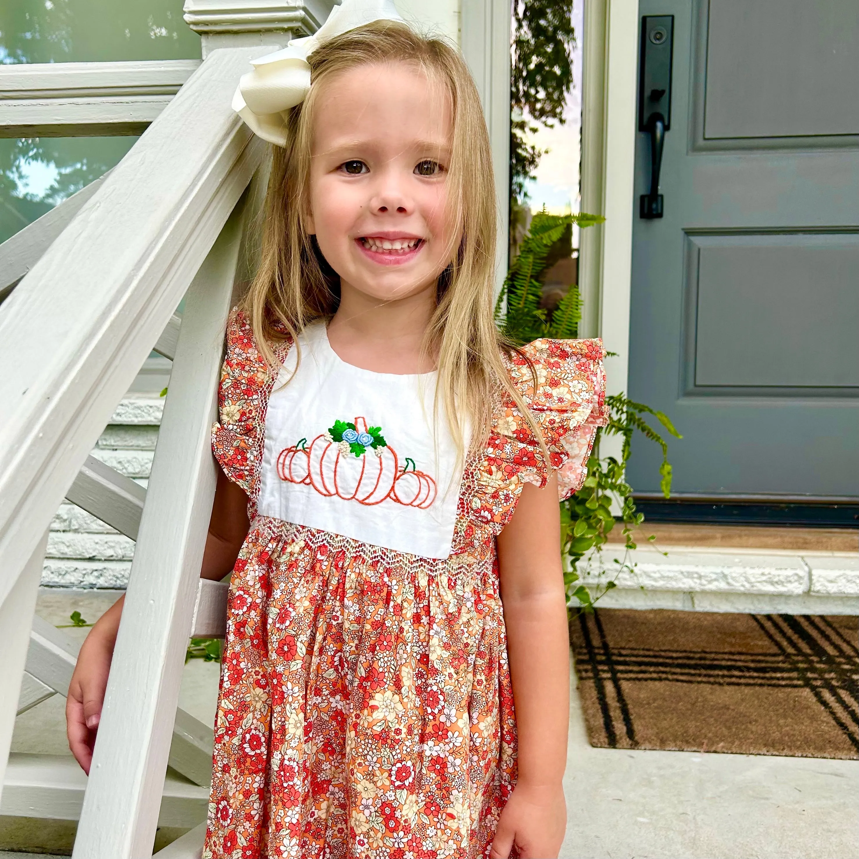 Pumpkin Smocked Avignon Dress - Embroidered Pumpkins on Fall Florals Dress