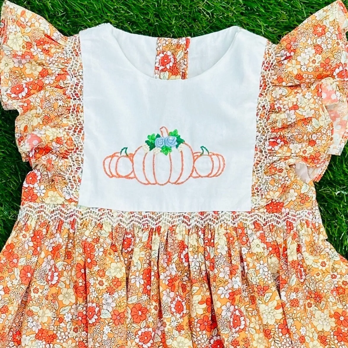 Pumpkin Smocked Avignon Dress - Embroidered Pumpkins on Fall Florals Dress