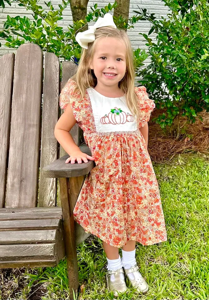 Pumpkin Smocked Avignon Dress - Embroidered Pumpkins on Fall Florals Dress