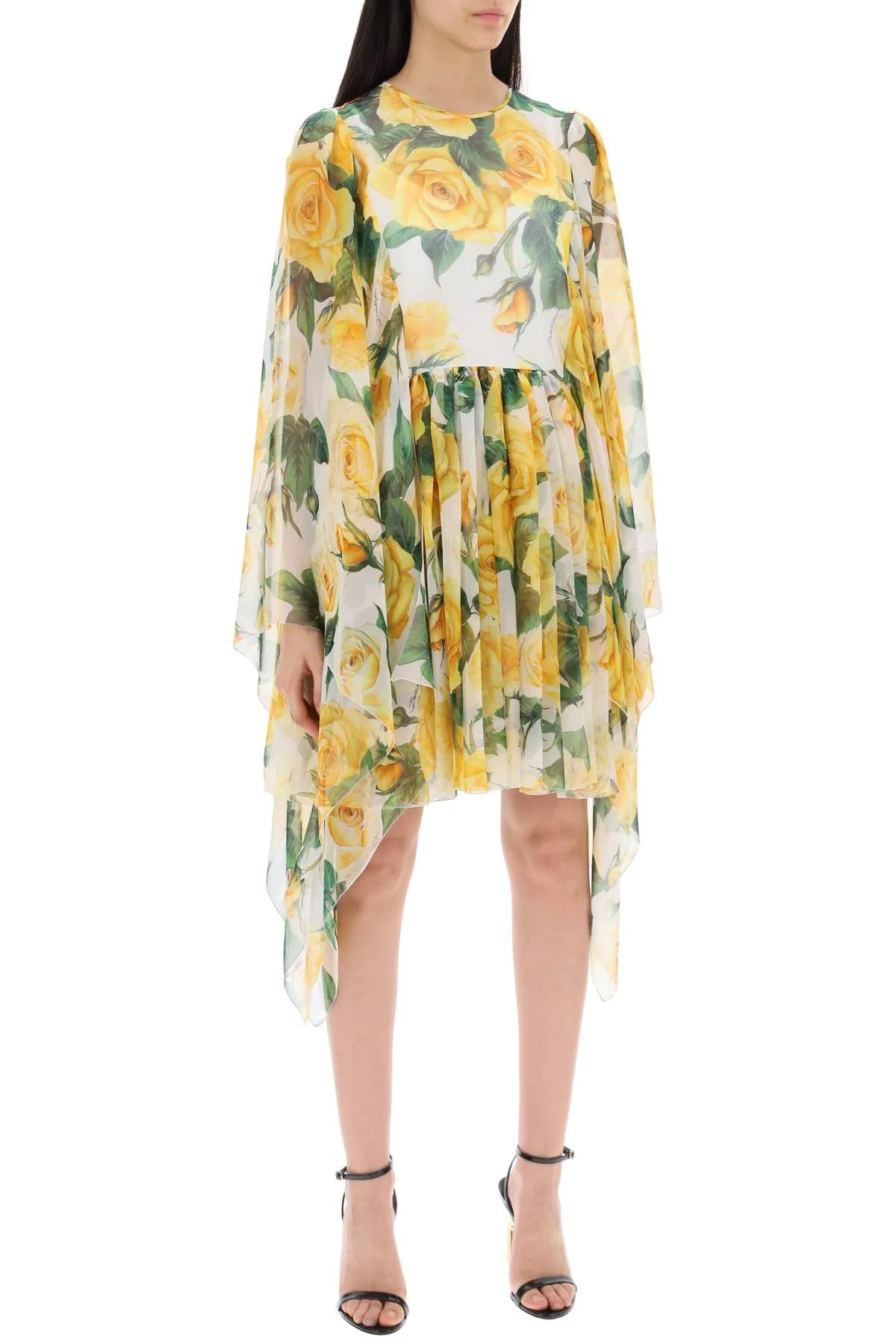 SHORT SILK CHIFFON DRESS WITH YELLOW ROSE PRINT