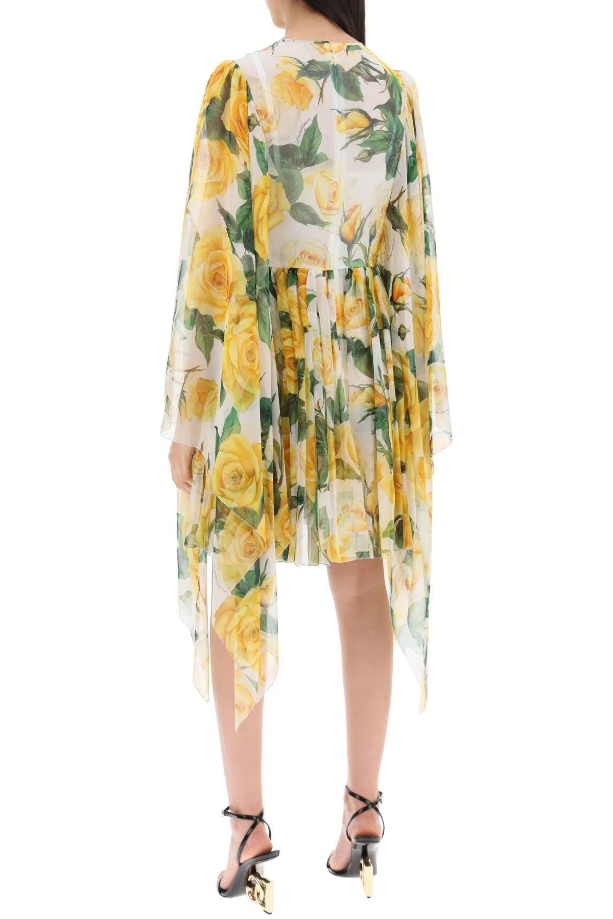 SHORT SILK CHIFFON DRESS WITH YELLOW ROSE PRINT