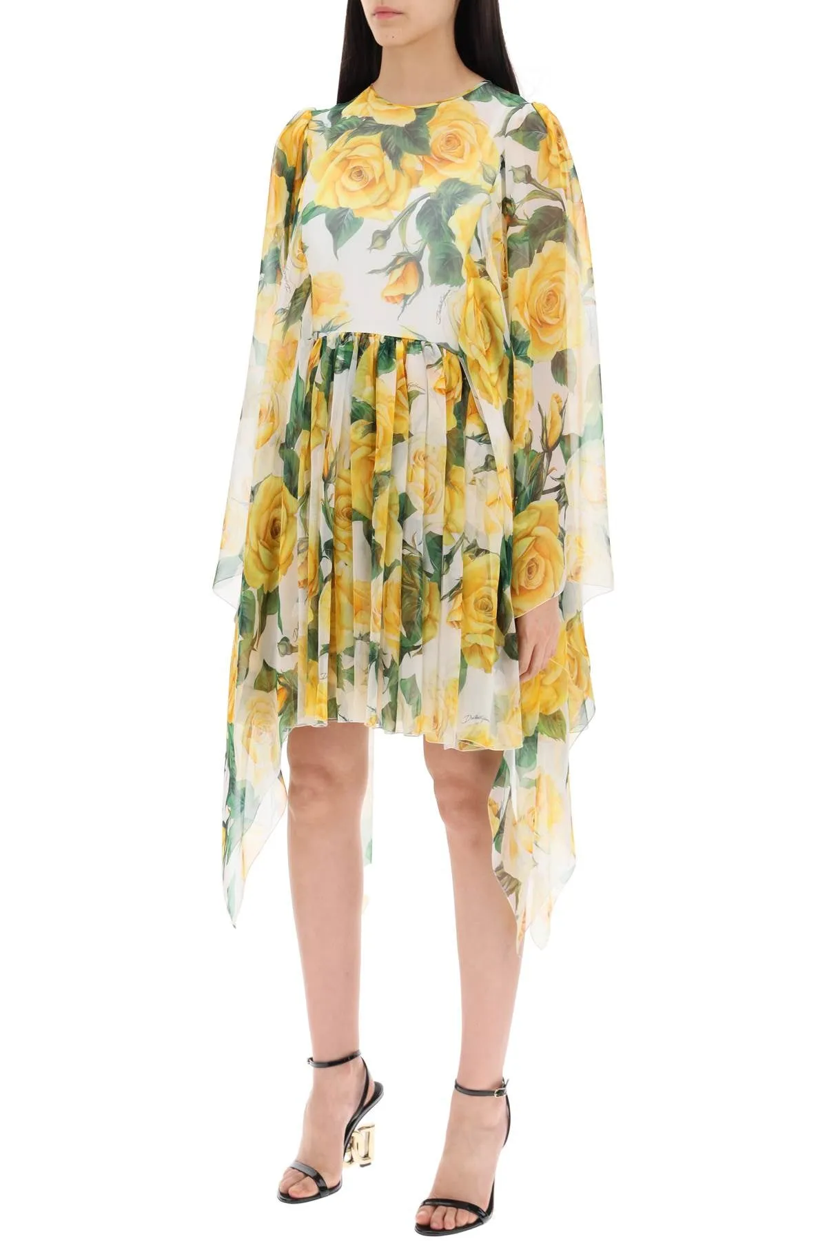 SHORT SILK CHIFFON DRESS WITH YELLOW ROSE PRINT