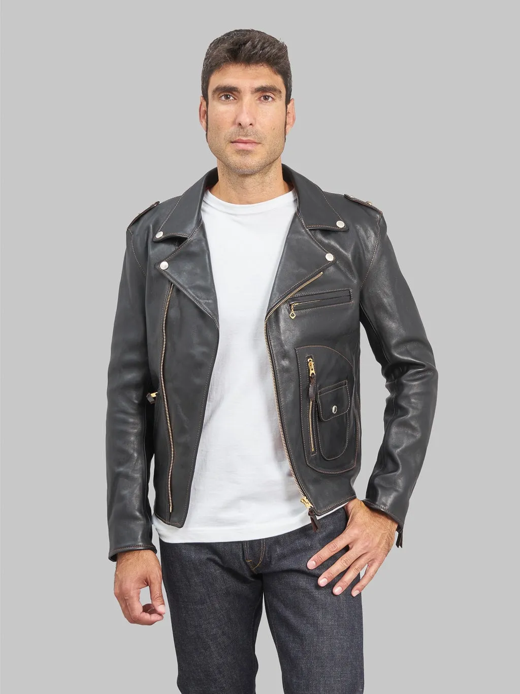 The Flat Head FN-LJ-HW001 Horsehide Double Rider's Jacket Black Aniline