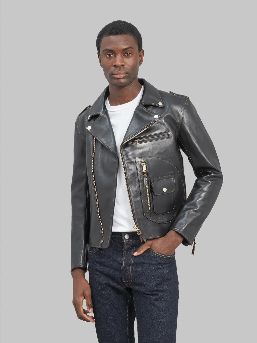 The Flat Head FN-LJ-HW004 Horsehide Double Rider's Jacket Black Semi-Aniline
