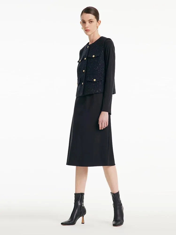 Tweed Vest And Side Slit Dress Two-Piece Set