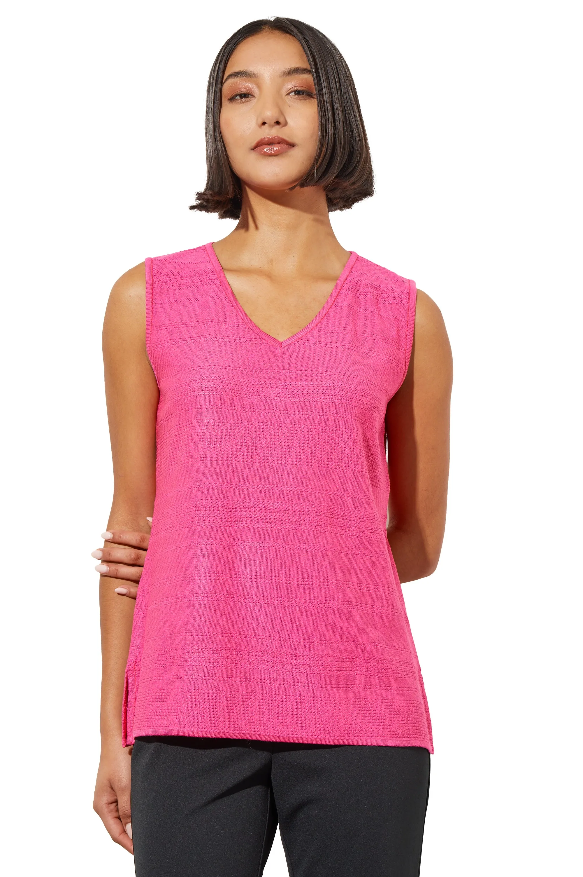 V-Neck Textured Soft Knit Tank Top, Carmine Rose