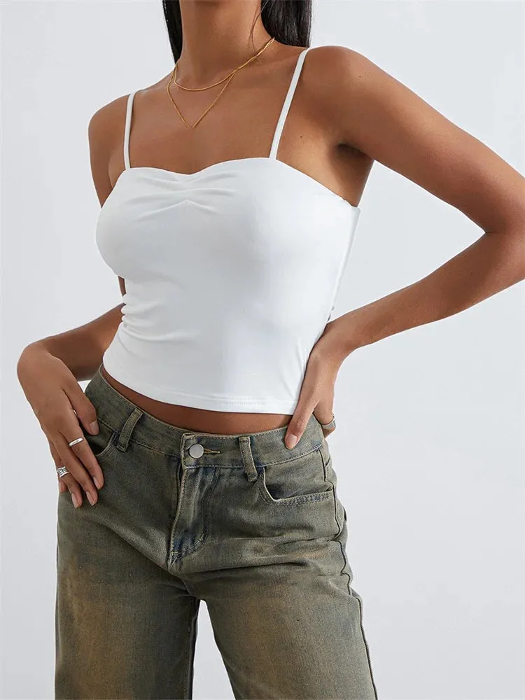 Vintage Front Ruched Sleeveless Strap Backless Solid Slim Fit Summer Mini Vest for Party Club Tanks Crop Top