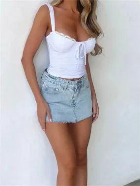 Women Corsets Top Sleeveless Lace Trim Front Tie-up Solid Color Slim Fit Bustiers Exposed Navel Summer Vest 2024 Crop Top